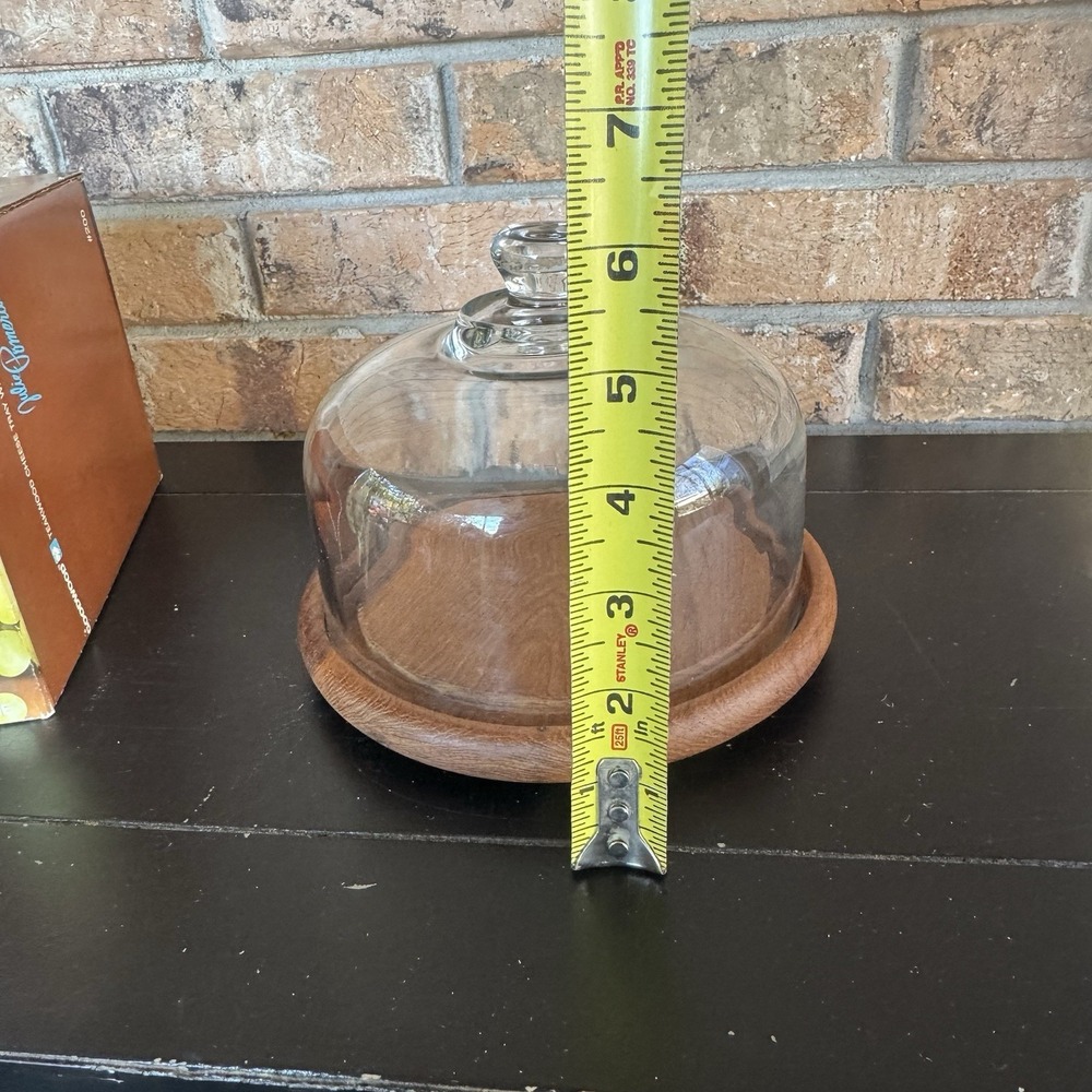Vintage Teak Wood Cheese Board / Cake Stand w/Glass Cloche Dome Mid-Century - Picture 8 of 8
